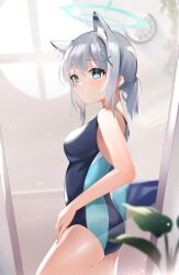  animal_ear_fluff animal_ears blue_archive blue_eyes blue_halo blue_one-piece_swimsuit blush breasts bright_pupils clock competition_swimsuit cross_hair_ornament female grey_hair hair_ornament halo highres nohohon_neko one-piece_swimsuit plant school_swimsuit shiroko_(blue_archive) shiroko_(swimsuit)_(blue_archive) solo swimsuit teeth white_pupils 