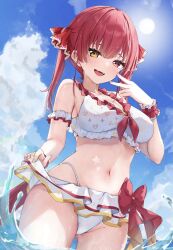  absurdres armband bikini breasts female frilled_bikini frills heterochromia highres hololive hololive_summer_2022_swimsuit houshou_marine large_breasts looking_at_viewer navel official_alternate_costume open_mouth outdoors red_eyes red_hair red_ribbon ribbon smile solo swimsuit teeth upper_teeth_only virtual_youtuber white_bikini wristband yellow_eyes yoshinon_(yoshinon_kotori) 