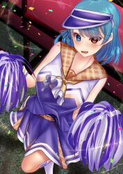  1girls alternate_costume blue_eyes blue_hair breasts cheerleader collarbone full_body heterochromia kogasa_tatara looking_at_viewer outdoors pom_pom_(cheerleading) red_eyes shirt shounen_(hogehoge) skirt solo tatara_kogasa tatara_kogasa_(sunshine_praying_umbrella) touhou touhou_lost_word variant_set visor_cap white_socks 