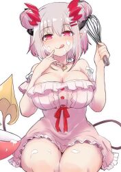  :q bare_shoulders black_horns blush bow bowl breasts buttons center_frills cleavage closed_mouth cream cream_on_body cream_on_face demon_girl demon_horns demon_tail double_bun dress feet_out_of_frame female finger_to_mouth food food_on_face frilled_dress frills grey_hair hair_between_eyes hair_bun hair_ornament hairclip half-closed_eyes hands_up heart heart-shaped_pupils highres holding holding_whisk horns index_finger_raised indie_virtual_youtuber jewelry jyaco large_breasts licking_lips looking_at_viewer multicolored_hair necklace pendant pink_dress pink_eyes pink_hair pointy_ears red_ribbon ribbon seductive_smile short_dress short_hair sidelocks sitting sleeveless sleeveless_dress smile solo straight-on strap_slip streaked_hair suou_patra symbol-shaped_pupils tail tail_raised tongue tongue_out virtual_youtuber whisk white_bow wide_hips 