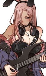  absurdres animal_ears bass_guitar black_hair breasts female hair_over_one_eye headphones highres hololive hololive_english instrument large_breasts mori_calliope_(9th_costume) multicolored_hair official_alternate_costume pink_eyes pink_hair rojen solo streaked_hair two-tone_hair virtual_youtuber 