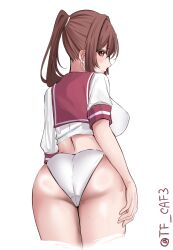  absurdres ass breasts brown_hair commentary_request female from_behind hand_on_own_thigh highres kantai_collection large_breasts long_hair looking_at_viewer looking_back one-hour_drawing_challenge panties ponytail red_eyes sailor_collar short_sleeves simple_background solo tf_cafe twitter_username underwear white_background white_panties yamato_(kancolle) 