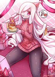  absurd_res cake clothing dessert ears_down eating female food hair heart_symbol hi_res holding_cake holding_food holding_object holding_plate humanoid humanoid_pointy_ears kneeling legwear long_ears looking_at_viewer morbidlycutecrunch pantyhose pink_eyes pink_theme pivoted_ears pupils question_mark red_clothing red_floor red_sweater red_topwear slit_pupils solo sweater topwear white_body white_hair white_skin 