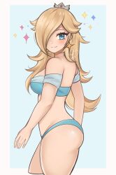  ass bare_back bare_shoulders bikini blonde_hair blue_bikini blue_eyes blush breasts commentary crown female highres long_hair looking_at_viewer mario_(series) medium_breasts mini_crown off-shoulder_bikini off_shoulder purrlucii rosalina short_sleeves smile solo standing swimsuit thighs 