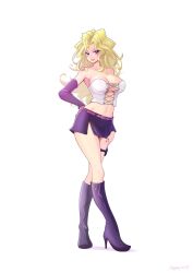  bare_shoulders blonde_hair boots bow breasts corset female full_body highres kujaku_mai large_breasts long_hair miniskirt purple_bow purple_eyes purple_skirt sengenjin31 simple_background skirt solo white_background white_corset yu-gi-oh! yu-gi-oh!_duel_monsters 