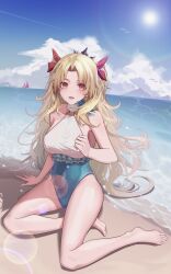  bare_legs bare_shoulders barefoot bird blonde_hair blue_sky breasts covered_navel egami63978427 ereshkigal_(fate) fate/grand_order fate_(series) female green_one-piece_swimsuit hair_ribbon highres large_breasts lower_teeth_only ocean one-piece_swimsuit open_mouth red_eyes red_ribbon ribbon sky solo space_ereshkigal_(fate) space_ereshkigal_(first_ascension)_(fate) summer sun swimsuit teeth too_many too_many_birds two-tone_one-piece_swimsuit two_side_up white_one-piece_swimsuit 