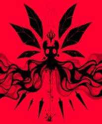  1other alicezakat arthropod black_blood blank_eyes blood detached_wings dripping_blood glyph hollow_knight horns knight_(hollow_knight) limited_palette needle_(hollow_knight) red_background shadow simple_background tendril weapon wings 