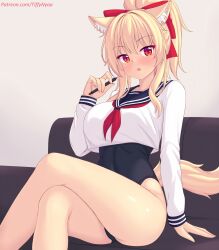  animal_ear_fluff animal_ears blonde_hair blush bow breasts cat_ears cat_girl cat_tail crossed_legs female hairbow high_ponytail highres large_breasts looking_at_viewer nottytiffy one-piece_swimsuit original red_eyes school_uniform serafuku short_hair_with_long_locks sitting slit_pupils solo swimsuit tail tiffy_(nottytiffy) web_address 