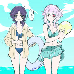  2girls ball beach beachball bikini bikini_ribbon blue_bikini blue_sky braid breasts cleavage cloud day front-tie_bikini_top front-tie_top green_bikini happy_sugar_life hida_shouko holding holding_ball hood hood_down hooded_jacket hoodie innertube jacket kagisoratomiyaki matsuzaka_satou medium_breasts multiple_girls ocean outdoors pink_hair purple_eyes purple_hair red_eyes short_hair sky speech_bubble striped_bikini striped_clothes swim_ring swimsuit translation_request water 