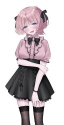  absurdres arimura_mao black_ribbon black_skirt black_thighhighs blush breasts center_frills commentary feet_out_of_frame female frills gakuen_idolmaster gnash15 hair_ribbon head_tilt highres holding_own_arm idolmaster jirai_kei large_breasts looking_at_viewer neck_ribbon pink_hair pink_shirt puffy_short_sleeves puffy_sleeves purple_eyes ribbon shirt shirt_tucked_in short_hair short_sleeves simple_background skirt smile solo sweatdrop thighhighs white_background zettai_ryouiki 