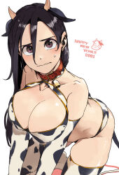  all_fours animal_ears animal_print bell bikini black_eyes breasts chinese_zodiac cleavage collar cow_ears cow_horns cow_print cow_print_bikini cow_print_gloves cow_print_thighhighs cow_tail cowbell demi-chan_wa_kataritai elbow_gloves embarrassed fake_animal_ears fake_horns fake_tail female gloves hair_between_eyes happy_new_year highres horns large_breasts long_hair looking_at_viewer official_art petosu_(sunoco) print_bikini print_gloves print_thighhighs satou_sakie simple_background skindentation solo swimsuit tail teardrop thighhighs wavy_mouth white_background year_of_the_ox 