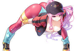  aqua_leg_warmers arm_warmers artist_name ass baseball_cap black_footwear black_hat black_jacket breasts cleavage closed_mouth commentary english_commentary female hand_on_own_leg hat high_ponytail hololive hololive_english hot_vr jacket large_breasts leg_warmers leggings long_hair mori_calliope open_clothes open_jacket pink_eyes pink_hair pink_leggings pixiv_username red_jacket shirt shoes simple_background smile sneakers solo stretching subscribestar_username white_background white_shirt yellow_arm_warmers 