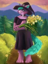  4_toes anthro art_fight bangs barefoot bent_arm black_claws black_clothing black_dress black_eyebrows black_hat black_headwear blue_eyes blue_hair blue_inner_ear blue_tail bouquet claws closed_smile clothed clothed_anthro clothed_female clothing cloud collar colored crescent_(shape) digital_media_(artwork) digital_painting_(artwork) domestic_cat dragon dress ear_piercing evening evergreen_tree eyebrows eyelashes feet felid feline felis female flower flower_bouquet fluffy fluffy_tail forest forest_background front_view fur grass hair hat headgear headwear holding_bouquet holding_flower holding_object hybrid lav_blueberry mammal mountain mouth_closed multicolored_body multicolored_fur mythological_creature mythological_scalie mythology nature nature_background orange_sky outside path paws piercing pine_tree pink_body pink_fur plant purple_collar releasethebuns scalie shaded short_hair sky smile solo tail toe_claws toes tree two_tone_body two_tone_fur vtuber witch_hat yellow_flower 