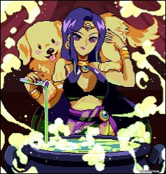  animal bikini black_bikini canine cauldron circlet commentary dez dozy_(fields_of_mistria) earrings english_commentary eyeball female fields_of_mistria highres holding jewelry juniper_(fields_of_mistria) long_hair pet pixel_art pouring purple_eyes purple_hair purple_skirt skirt standing swimsuit 