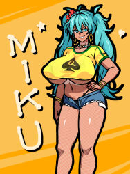  blue_eyes bracelet brazilian_miku breasts covered_nipples dark-skinned_female dark_skin earrings female fishnet_pantyhose fishnet_top fishnets hand_on_own_hip hatsune_miku huge_breasts jewelry large_breasts long_hair midriff navel necklace pantyhose queen_of_spades_symbol rectangular_earrings shirt simple_background smile solo standing twintails underboob vocaloid ycgirl yellow_shirt 