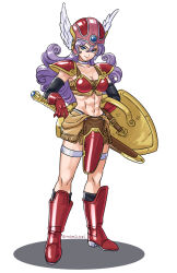  armor bikini_armor blue_eyes boots breasts cleavage dragon_quest dragon_quest_iii elbow_gloves female gloves helmet highres long_hair momo_nei navel purple_hair red_armor shield shoulder_armor simple_background soldier_(dq3) solo sword toned_female weapon white_background winged_helmet 