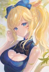  animal_ears bare_shoulders blonde_hair blue_bow blue_dress blue_eyes bow breasts cat_ears cat_girl cat_tail cleavage cleavage_cutout clothing_cutout dress facial_mark female final_fantasy final_fantasy_xiv hairbow hand_in_own_hair highres miqo&#039;te noyuri_(noyuriin) ponytail_with_braided_base side_ponytail sleeveless sleeveless_dress solo tail upper_body warrior_of_light_(ff14) whisker_markings 