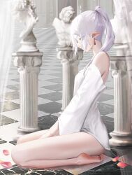  absurdres bare_legs bare_shoulders barefoot breasts checkered_floor earrings elf falling_petals feet female frieren highres indoors jewelry medium_breasts no_pants petals pointy_ears ponytail seiza shirt sihana156 sitting small_breasts soles solo sousou_no_frieren statue toes white_shirt 