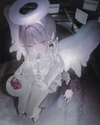  angel_wings blue_eyes breasts character_request cleavage closed_mouth collarbone copyright_request cup dark_background detached_sleeves dress eyelashes female food fork frilled_dress frills from_above full_body fur_halo grey_hair holding holding_fork holding_plate looking_at_viewer low_twintails medium_breasts medium_hair multicolored_eyes one_eye_closed plate purple_eyes ribbon solo television twintails utensil_in_mouth wanke white_dress white_footwear white_ribbon wings 