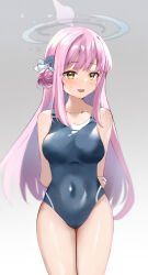  :d blue_archive blue_flower blue_one-piece_swimsuit blush breasts collarbone commentary_request covered_navel female flower hair_bun hair_flower hair_ornament halo highres large_breasts long_hair looking_at_viewer mika_(blue_archive) nohohon_neko one-piece_swimsuit pink_hair pink_halo side_up_bun smile solo swimsuit tongue yellow_eyes 