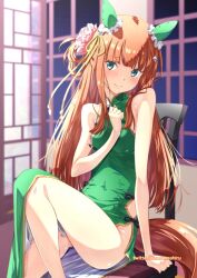  animal_ears bare_shoulders blue_eyes blush breasts china_dress chinese_clothes commentary dress female flower hair_flower hair_ornament highres horse_ears horse_girl horse_tail indoors izumi_mahiru long_hair looking_at_viewer orange_hair side_slit silence_suzuka_(umamusume) sitting small_breasts smile solo tail umamusume 