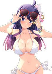  adjusting_eyewear ahoge armlet bikini blush bow bracelet breasts commentary_request eyewear_on_head female hair_ornament hairbow highres izumi_mahiru jewelry large_breasts long_hair looking_at_viewer navel original parted_lips purple_eyes purple_hair side-tie_bikini_bottom solo star_(symbol) star_hair_ornament sunglasses swimsuit white_background white_bikini 