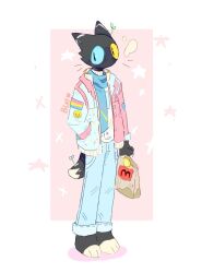  2023 black_body black_eyes black_fur blue_sclera blush blush_lines bunonthemoon fur heterochromia hi_res holding_bag lgbt_pride looking_at_viewer male pansexual_pride_colors pride_colors slim_anthro slim_male solo yellow_sclera 