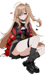  ahoge arm_support belt_chain black_choker black_leg_warmers black_nails black_sweater brown_hair choker emo_fashion english_commentary female hair_over_one_eye hana20000920 heart heart_choker highres hololive hololive_english lace-trimmed_choker lace_trim leg_warmers light_brown_hair long_hair looking_at_viewer multicolored_hair nail_polish nanashi_mumei nanashi_mumei_(emo) official_alternate_costume official_alternate_hairstyle red_sweater sitting skirt solo streaked_hair striped_clothes striped_sweater sweater sweater_partially_tucked_in sweater_under_shirt two-tone_sweater virtual_youtuber white_background white_hair yellow_eyes 