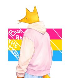  2023 anthro athletic athletic_anthro athletic_male black_eyes bunonthemoon clothing domestic_cat felid feline felis flag flag_background fur hoodie lgbt_pride looking_at_viewer male male_anthro mammal pansexual_pride_colors pink_clothing pink_hoodie pink_topwear pride_colors solo standing topwear yellow_body yellow_fur 