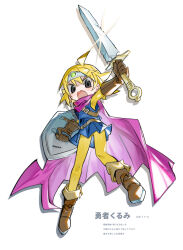  ahoge arm_up belt black_eyes blonde_hair blue_tunic bodysuit bodysuit_under_clothes boots brown_belt brown_footwear brown_gloves cape character_name chipped_sword circlet cosplay dragon_quest dragon_quest_iii drop_shadow elbow_gloves female full_body glint gloves hero_(dq3) hero_(dq3)_(cosplay) highres holding holding_shield holding_sword holding_weapon kokaki_mumose looking_at_viewer null-meta purple_cape serious shield short_hair simple_background solo sword translation_request tunic uozumi_kurumi v-shaped_eyebrows weapon white_background yellow_bodysuit 