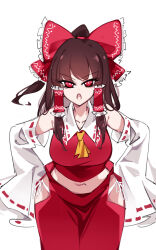  ascot bow breasts brown_hair collared_shirt commentary cowboy_shot detached_sleeves female frilled_bow frilled_hair_tubes frills hair_tubes hairbow hakurei_reimu hands_on_own_hips highres hip_vent japanese_clothes leaning_forward looking_at_viewer medium_hair midriff miko navel nontraditional_miko open_mouth panties ponytail raptor7 red_bow red_eyes red_shirt red_skirt ribbon-trimmed_sleeves ribbon_trim shirt side-tie_panties skirt sleeves_past_fingers sleeves_past_wrists solo touhou underwear white_background white_panties yellow_ascot 