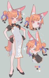  animal_ear_fluff animal_ears black_footwear black_gloves black_sleeves breasts china_dress chinese_clothes closed_eyes color_guide covered_navel double_bun dress female fox_ears fox_girl fox_tail furrowed_brow gloves grey_dress hair_bun hair_rings hands_on_own_hips high_heels kasa_(hitori_sanka) mandarin_collar multiple_views oerba_yun_fang open_mouth orange_hair original panties red_eyes see-through_silhouette short_hair short_sleeves side_slit simple_background single_sidelock small_breasts smile sparkle standing string_panties tail underwear v-shaped_eyebrows worried 