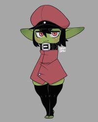  2023 4:5 absurd_res belt_buckle big_ears black_clothing black_eyebrows black_hair black_legwear black_thigh_highs blush blush_lines buckle cloak clothing digital_drawing_(artwork) digital_media_(artwork) eyebrows feet femboy front_view full-length_portrait goblin gram_(gramdraw) gramdraw green_body green_ears green_face green_skin grey_background hair hat headgear headwear hi_res humanoid humanoid_pointy_ears legwear long_ears male mouth_closed narrowed_eyes portrait red_cloak red_clothing red_eyes red_hat red_headwear signature simple_background small_eyebrows solo thigh_highs toes 