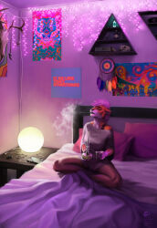  anthro bed bed_sheet bedding bedroom bone briefcase cable clothing decoration digital_media_(artwork) electronics felid female furniture hi_res hookah lamp lion mammal pantherine phone poster skull smoke smoking solo table techiesxc 