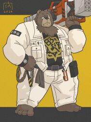  2024 3:4 anthro bear ben_bigger bottomwear brown_body brown_fur chinese_text clothing fur goyemon_k hi_res jacket male mammal mihoyo overweight overweight_male pants simple_background solo text topwear zenless_zone_zero 