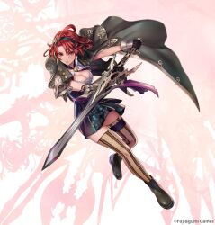  ahoge balmung_(phantom_of_the_kill) black_hairband black_ribbon braid breasts cleavage cloak closed_mouth dress female full_body green_cloak green_footwear hairband holding holding_sword holding_weapon looking_at_viewer miniskirt neck_ribbon official_art phantom_of_the_kill red_eyes red_hair ribbon short_hair skirt socks solo standing standing_on_one_leg sword thighhighs thighs two-handed weapon yellow_socks 