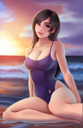  absurdres beach black_hair blue_one-piece_swimsuit blurry breasts casual_one-piece_swimsuit cleavage clip_studio_paint_(medium) cloud collarbone commentary depth_of_field dusk english_commentary female final_fantasy final_fantasy_vii highres jackary long_hair looking_at_viewer ocean one-piece_swimsuit red_eyes sitting smile solo swimsuit tifa_lockhart yokozuwari 