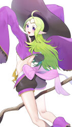  :d absurdres ahoge belt black_shorts broom broom_riding circlet female fire_emblem fire_emblem_awakening green_hair hair_down halloween_costume hat highres ikura_(downdexp) long_hair looking_at_viewer looking_back nowi_(fire_emblem) nowi_(halloween)_(fire_emblem) official_alternate_costume parted_bangs pink_ribbon pointy_ears purple_eyes purple_hat purple_vest ribbon short_shorts shorts sleeves_past_fingers sleeves_past_wrists smile solo vest white_background white_belt wide_sleeves witch witch_hat 