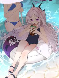  2girls absurdres ako_(blue_archive) beach bikini blue_archive blue_bikini demon_horns drink drinking_straw drinking_straw_in_mouth forehead highres hina_(blue_archive) hina_(swimsuit)_(blue_archive) hiyayakko_(jfky2528) holding holding_drink holding_umbrella horns long_hair multiple_girls purple_eyes sandals school_swimsuit swimsuit umbrella very_long_hair white_hair 