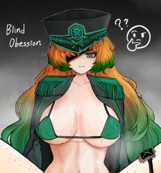  ? ?? bikini black_coat black_hat blind_obsession_(e.g.o) body_freckles coat e.g.o_(project_moon) emoji english_text epaulettes female freckles green_eyes grey_eyes hat highres ishmael_(project_moon) jonas_1225 limbus_company long_hair military_hat military_uniform multicolored_hair one_eye_covered open_mouth orange_hair project_moon solo spread_legs steaming_body sweat swimsuit uniform very_long_hair 