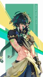  1boy arm_tattoo black_gloves black_hair black_pants black_shirt clothes_lift covering_own_mouth earrings genshin_impact gloves green_eyes green_hair guilty_challenge_(meme) hair_between_eyes hand_over_own_mouth headband highres jewelry kinich_(genshin_impact) male_focus meme midriff multicolored_hair nanzhou26288 navel pants shirt shirt_lift short_hair short_sleeves solo stomach tattoo 