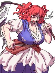  ;o absurdres blue_dress blush breasts cleavage dress eddybird55555 female freckles hair_bobbles hair_ornament highres holding holding_scythe large_breasts looking_at_viewer mole mole_on_breast obi one_eye_closed onozuka_komachi open_mouth red_eyes red_hair sash scythe short_sleeves simple_background solo touhou two_side_up white_background 