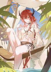  :p absurdres arknights bare_shoulders barefoot bikini black_bikini bow breasts cleavage closed_mouth criss-cross_halter dalgogi_(moonfish_1302) demon_horns detached_sleeves female food foot_out_of_frame halterneck highres holding holding_food holding_ice_cream horns ice_cream long_hair long_sleeves looking_at_viewer nail_polish navel official_alternate_costume outdoors red_eyes red_hair side-tie_bikini_bottom sitting solo surtr_(arknights) surtr_(colorful_wonderland)_(arknights) swimsuit swimsuit_cover-up thigh_strap tongue tongue_out very_long_hair water white_bow 