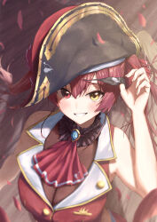  absurdres adjusting_eyepatch arm_up ascot bicorne blush breasts cleavage female from_above hat heterochromia highres hololive houshou_marine houshou_marine_(1st_costume) large_breasts leotard leotard_under_clothes long_hair looking_at_viewer pirate_hat red_ascot red_eyes red_hair ribbon see-through see-through_cleavage see-through_leotard sleeveless sleeveless_jacket smile solo teeth twintails upper_body virtual_youtuber yayoi_(touya) yellow_eyes 