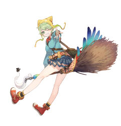  absurdres animal_hat atelier_(series) atelier_shallie between_breasts blue_shirt blue_skirt breasts broom broom_riding cat_hat feathers female fingerless_gloves full_body gloves green_bag green_eyes green_hair grin hand_up hat highres holding holding_broom long_sleeves looking_at_viewer medium_breasts nelke_to_densetsu_no_renkinjutsushi_tachi noco_(adamas) official_art one_eye_closed open_mouth plaid_clothes plaid_skirt pleated_skirt reaching reaching_towards_viewer shallotte_elminus shirt shoes short_hair simple_background skirt smile sneakers solo strap_between_breasts white_background yellow_hat 