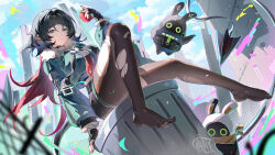  animal_ears apple black_gloves black_hair black_shorts blue_sky cityscape eous_(zenless_zone_zero) feet female fingerless_gloves fingernails food fruit full_body fur-trimmed_jacket fur_trim gloves green_eyes green_jacket highres holding holding_food holding_fruit jacket jane_doe_(zenless_zone_zero) mouse_ears mouse_girl mouse_tail multicolored_hair nail_polish no_shoes outdoors pantyhose parted_lips red_hair red_nails shorts sitting sky smile soles solo tail thighhighs torn_clothes torn_pantyhose torn_thighhighs trash_can two-tone_hair yu_e_baba zenless_zone_zero 