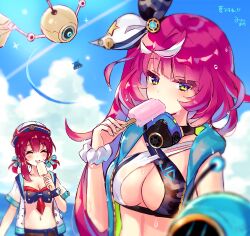  2girls albea_(dare_ga_tame_no_alchemist) bertha_(dare_ga_tame_no_alchemist) blue_hair blurry closed_eyes cloud crossed_bangs dare_ga_tame_no_alchemist drone food green_eyes hair_between_eyes hand_up hat licking long_hair looking_at_viewer mikan_ame_(gumi) mouth_hold multicolored_hair multiple_girls official_alternate_costume official_art one_side_up popsicle purple_hair red_hair scrunchie short_sleeves sky solo_focus summer swimsuit tongue tongue_out two-tone_hair upper_body wet wet_hair 