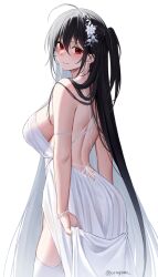  absurdly_long_hair ahoge azur_lane back black_hair blush breasts commentary_request dress female from_behind hair_ornament highres large_breasts long_hair looking_at_viewer median_furrow official_alternate_costume sideboob simple_background skirt_hold smile solo taihou_(azur_lane) taihou_(temptation_on_the_sea_breeze)_(azur_lane) very_long_hair white_background white_dress yorugami_rei 