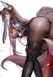  absurdres amagi_(azur_lane) amagi_(cv)_(azur_lane) animal_ear_fluff animal_ears ass ass_focus azur_lane banchiyuebai bent_over black_hair black_pantyhose blush breasts brown_hair female fox_ears fox_girl fox_tail from_behind highres huge_ass large_breasts long_hair looking_at_viewer looking_back official_alternate_costume pantyhose purple_eyes simple_background solo tail very_long_hair white_background 