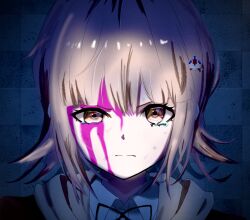  blood blood_on_face collared_shirt danganronpa_(series) danganronpa_3_(anime) female flipped_hair fuwan_(mcueaef41z56510) galaga hair_ornament highres hope&#039;s_peak_academy_school_uniform jacket long_sleeves looking_at_viewer medium_hair nanami_chiaki neck_ribbon pink_blood pink_eyes ribbon school_uniform shirt solo white_shirt 